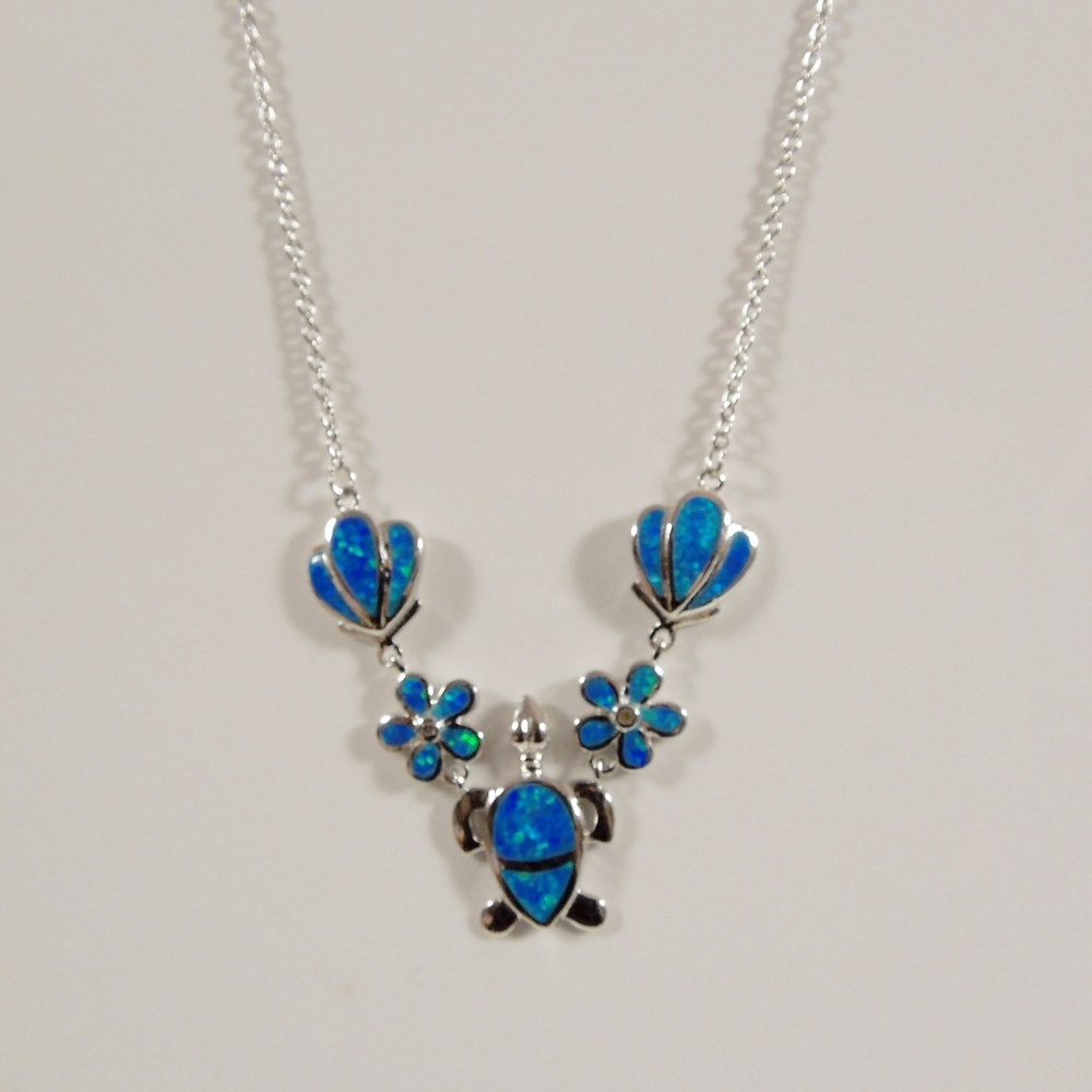 Blue Fire Opal Inlay Sterling Silver Necklace 18"